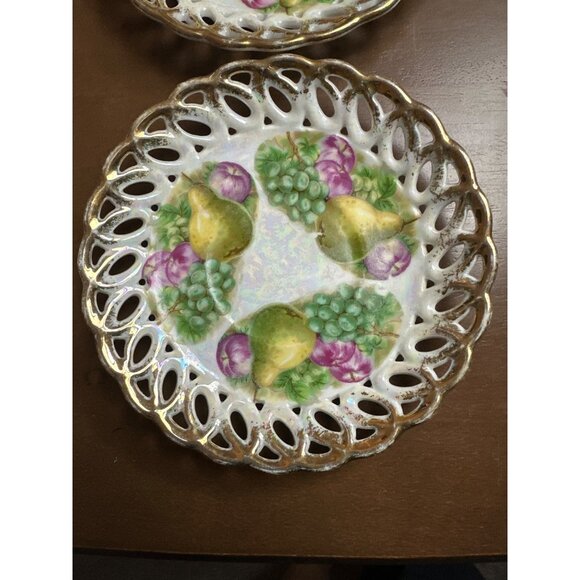 Fruit Motif Fan Crest Lusterware Saucer Trinket Dish Iridescent Set of 2 Vintage - Picture 11 of 11